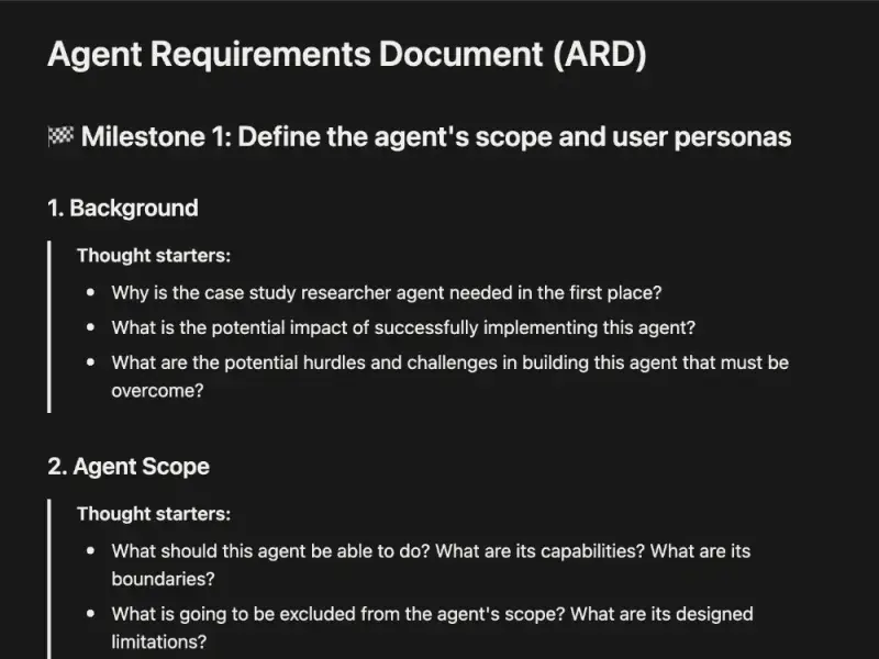 Opening of the ARD template, with thought starters for background and agent scope